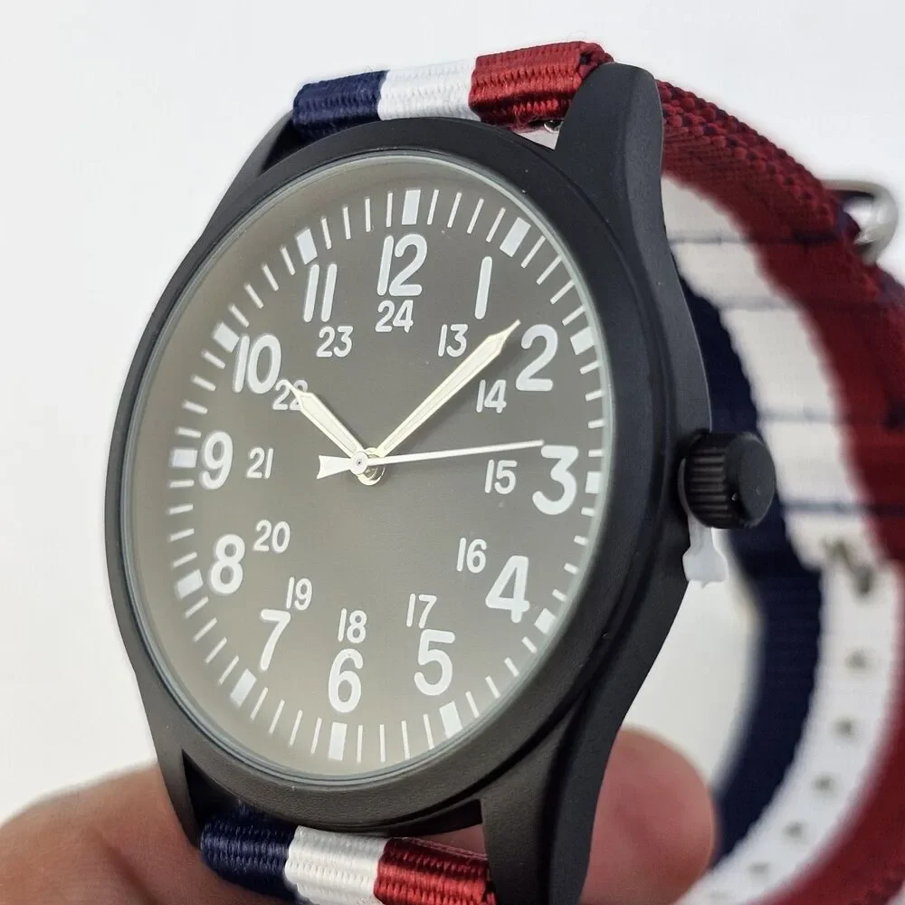 Men's 42MM Field Watch‎ Black Dial Blue White Red Canvas Band Straps New Battery